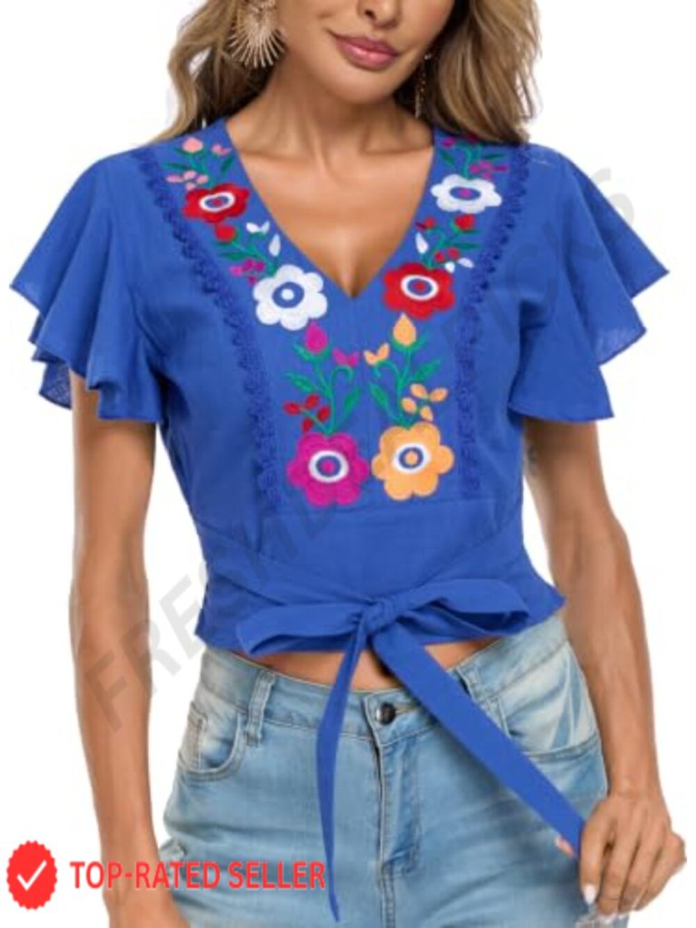 Women's V Neck Tie Front Crop Top Ruffle Short Sleeve Boho Peasant Embroidered